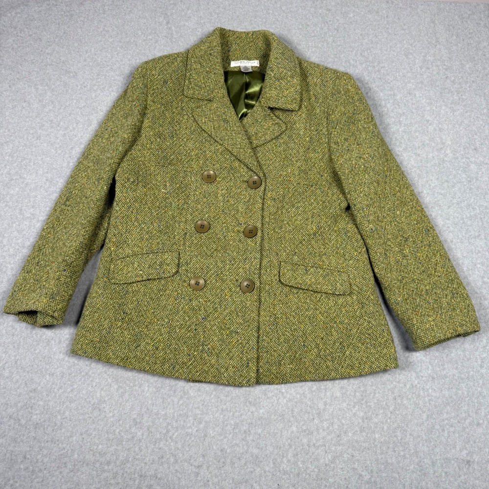 Preston & York Petites Green Wool Blend Tweed Double Breasted Pea Coat PL